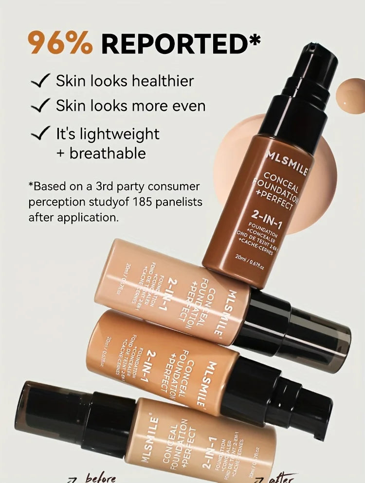 Base de maquillaje líquida y corrector 2 en 1 MLSMILE: cobertura total, resistente al agua, hidratante