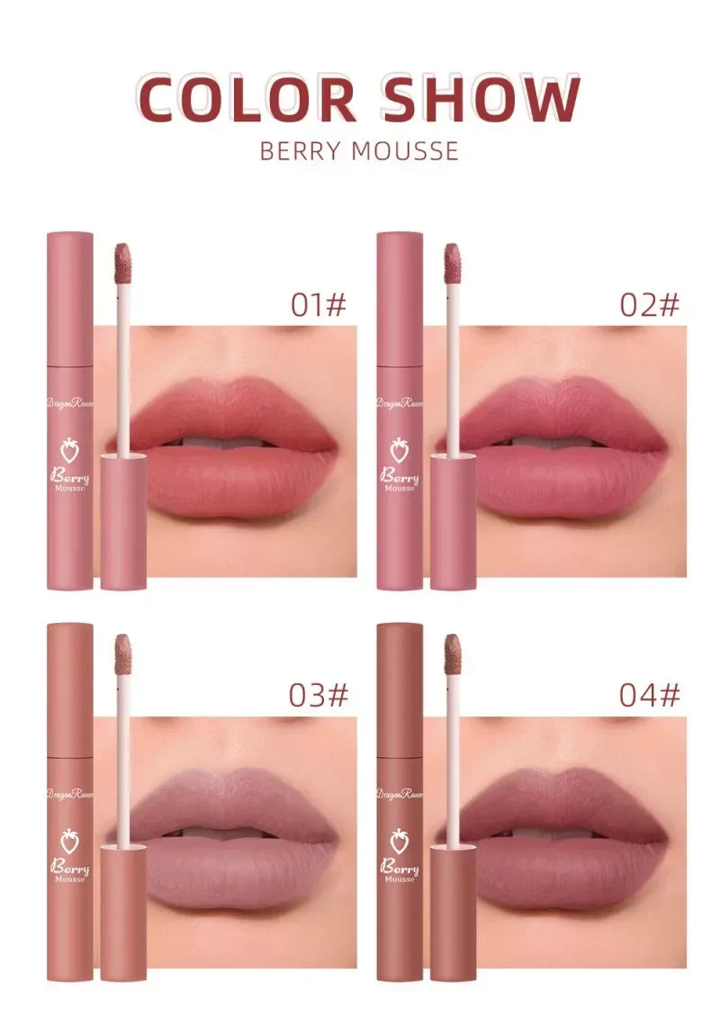 Brillo de labios mate nude LuxuryGlow: 12 colores aterciopelados, resistente al agua y de larga duración.