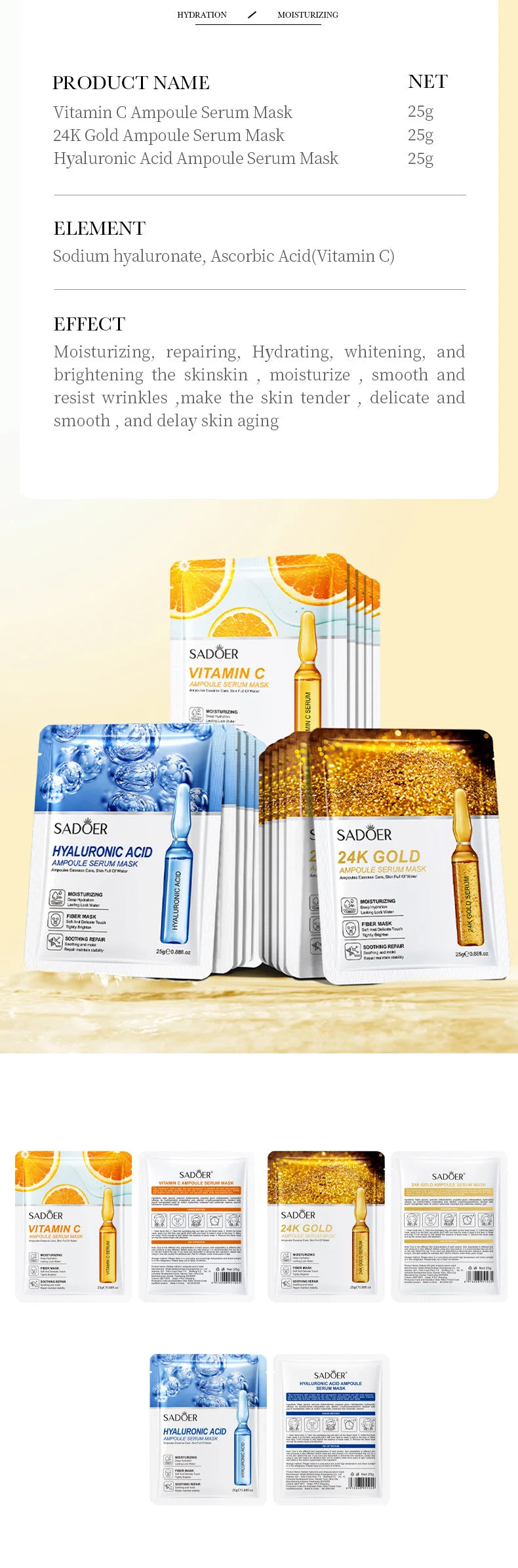 SADOER 15PCS 24K Gold Hyaluronic Acid Face Masks – Firming & Hydrating Skincare Set