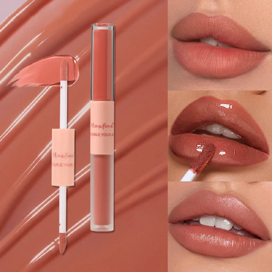 MAXFINE Brillo de labios de doble punta, resistente al agua, hidratante, duradero, mate, terciopelo, espejo, brillo de labios, cosméticos