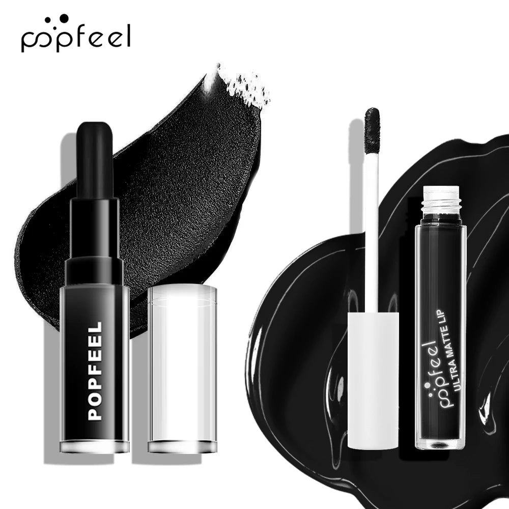POPFEEL Halloween Black Lip Kit – Matte Lipstick & Gloss Long-Lasting