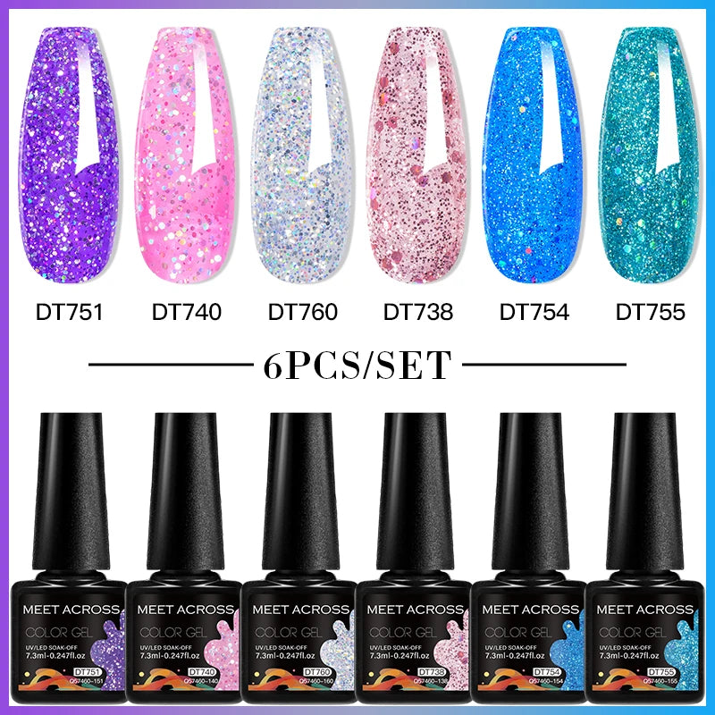 MEET ACROSS 6PC UV LED Gel Nail Polish Set – Soak Off Semi-Permanent Manicure Kit (7ml Each) C50