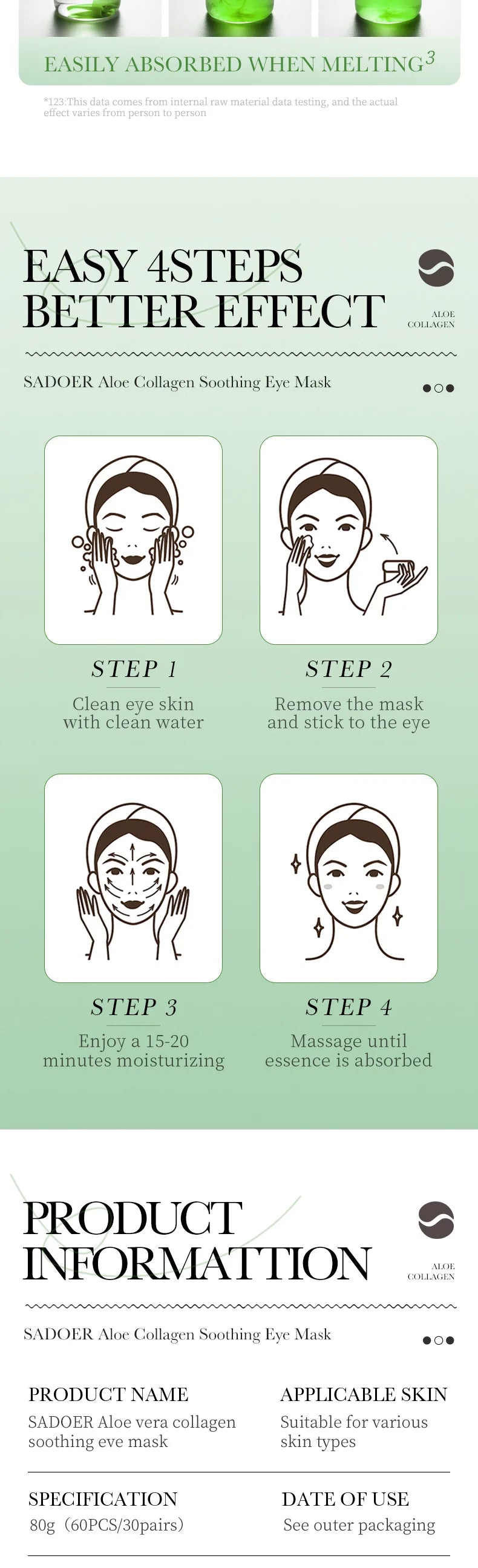 SADOER Aloe Vera Collagen Eye Masks | 60pcs Anti-Dark Circle & Puffiness Patches