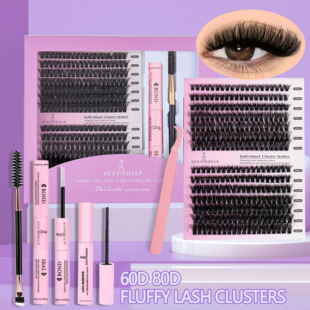 SEXYSHEEP DIY Eyelash Extension Kit with Glue, Remover, Lash Brush & Tweezers – Natural Cluster Lashes for Salon-Style Look at Home