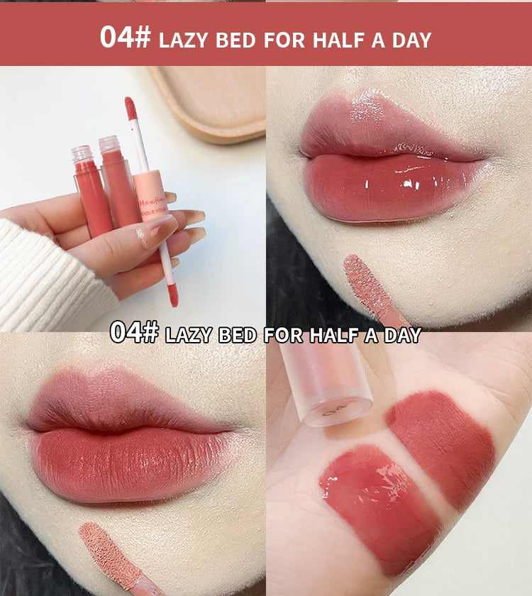 MAXFINE Brillo de labios de doble punta, resistente al agua, hidratante, duradero, mate, terciopelo, espejo, brillo de labios, cosméticos