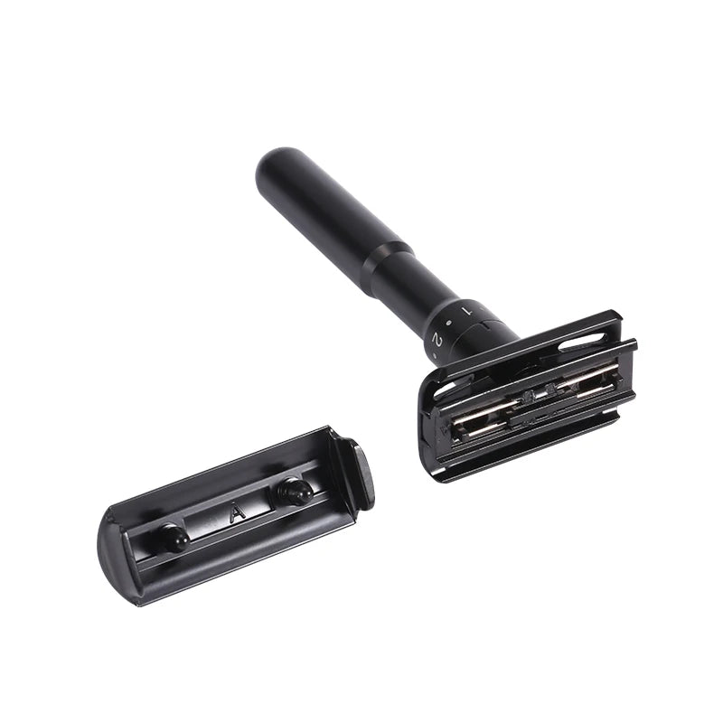 LuxuryGlow Mingshi Adjustable Metal Safety Razor – Classic Double Edge Shaver with 5 Blades (Black)