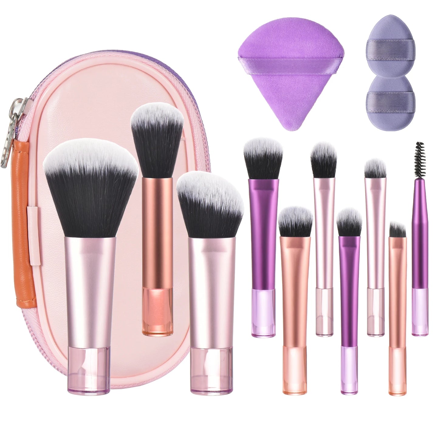 مجموعة فرش مكياج صغيرة من LuxuryGlow، 10 ألوان، مجموعة سفر محمولة مع إسفنجة وأدوات
