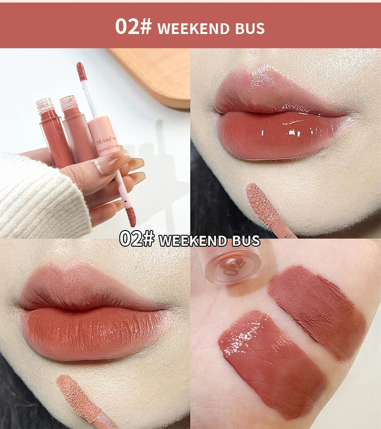 Brillo de labios de doble punta MAXFINE: acabado mate y brillante resistente al agua, hidratación duradera.