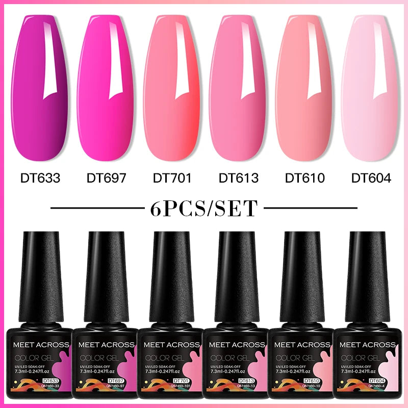 MEET ACROSS 6PC UV LED Gel Nail Polish Set – Soak Off Semi-Permanent Manicure Kit (7ml Each) C75