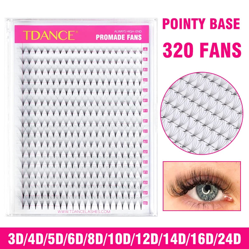TDANCE 320 Premade Volume Lash Fans | 16-Line Tray | 3D–24D Pointy Base Faux Mink Extensions
