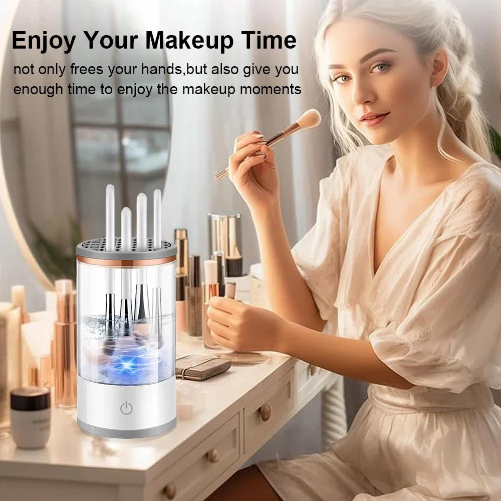 منظف فرش المكياج الكهربائي LuxuryGlow - أداة غسل وتجفيف الفرش الأوتوماتيكية القابلة لإعادة الشحن مع حامل