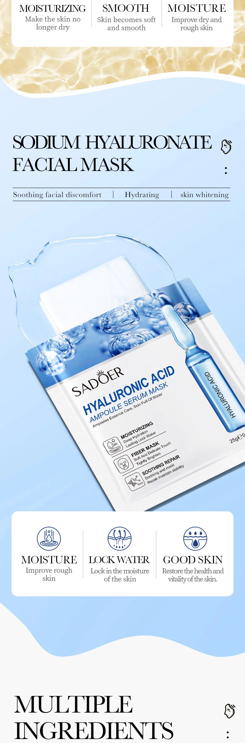 SADOER 15PCS 24K Gold Hyaluronic Acid Face Masks – Firming & Hydrating Skincare Set