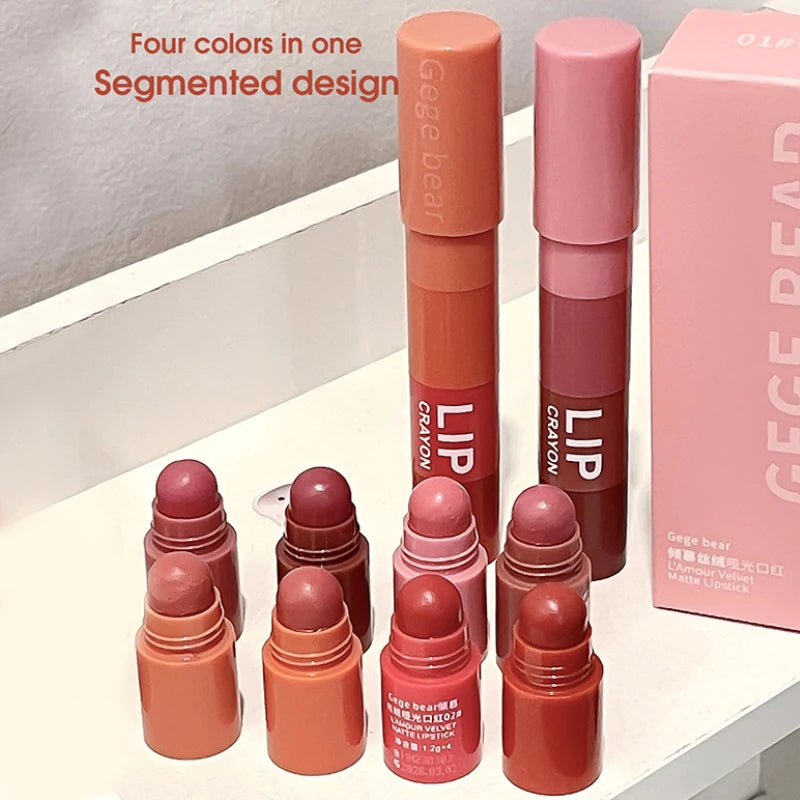Lápiz labial LuxuryGlow Matte Velvet Mist de 4 colores: resistente al agua, duradero e hidratante.