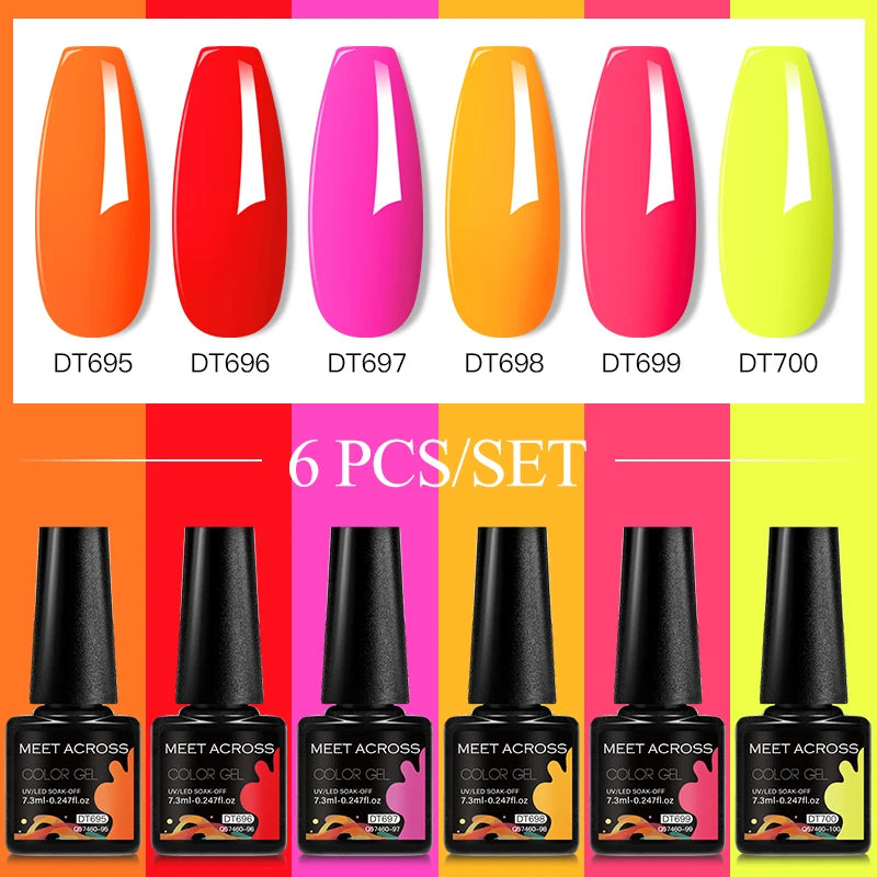 MEET ACROSS 6PC UV LED Gel Nail Polish Set – Soak Off Semi-Permanent Manicure Kit (7ml Each) C25