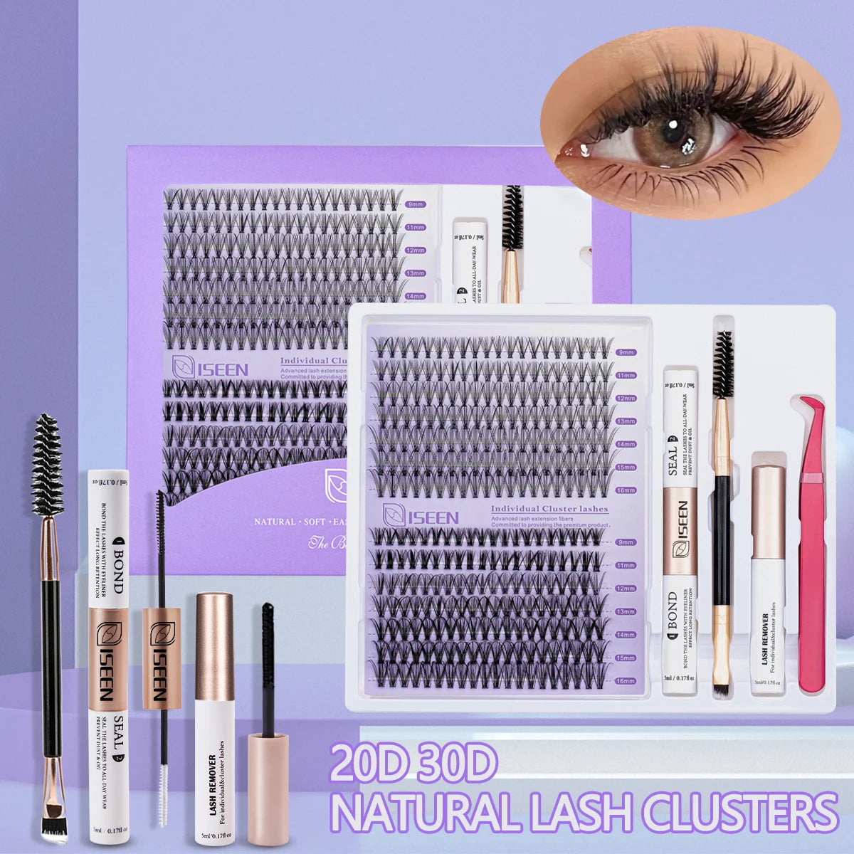 ISEEN DIY Lash Extension Kit – Mixed Lash Clusters with Bond, Remover & Tools