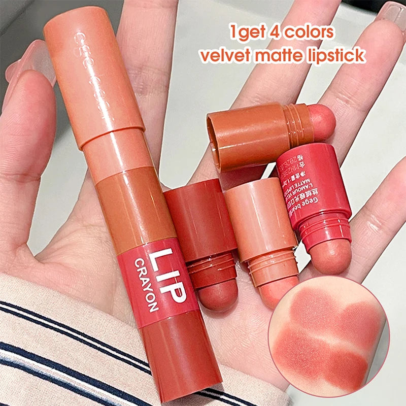 Lápiz labial LuxuryGlow Matte Velvet Mist de 4 colores: resistente al agua, duradero e hidratante.