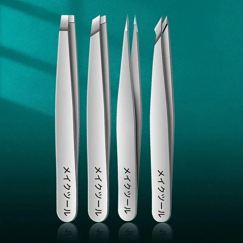 Juego de 4 pinzas profesionales de acero inoxidable LuxuryGlow: elimina fácilmente el vello facial, las cejas y las astillas.