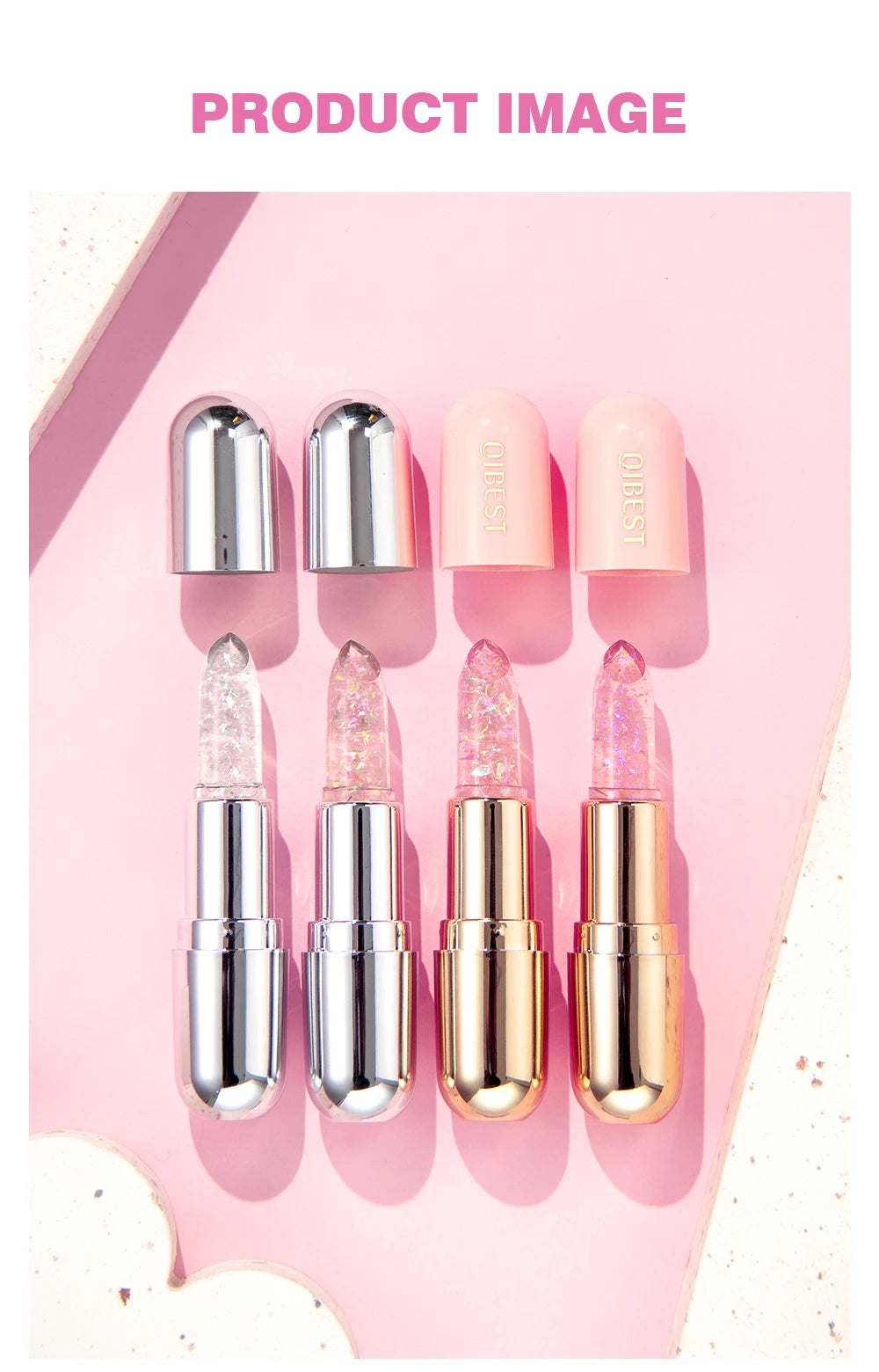 Lápiz labial con brillo que cambia de color QIBEST: bálsamo labial hidratante de gelatina cristalina con brillo y efecto voluminizador.
