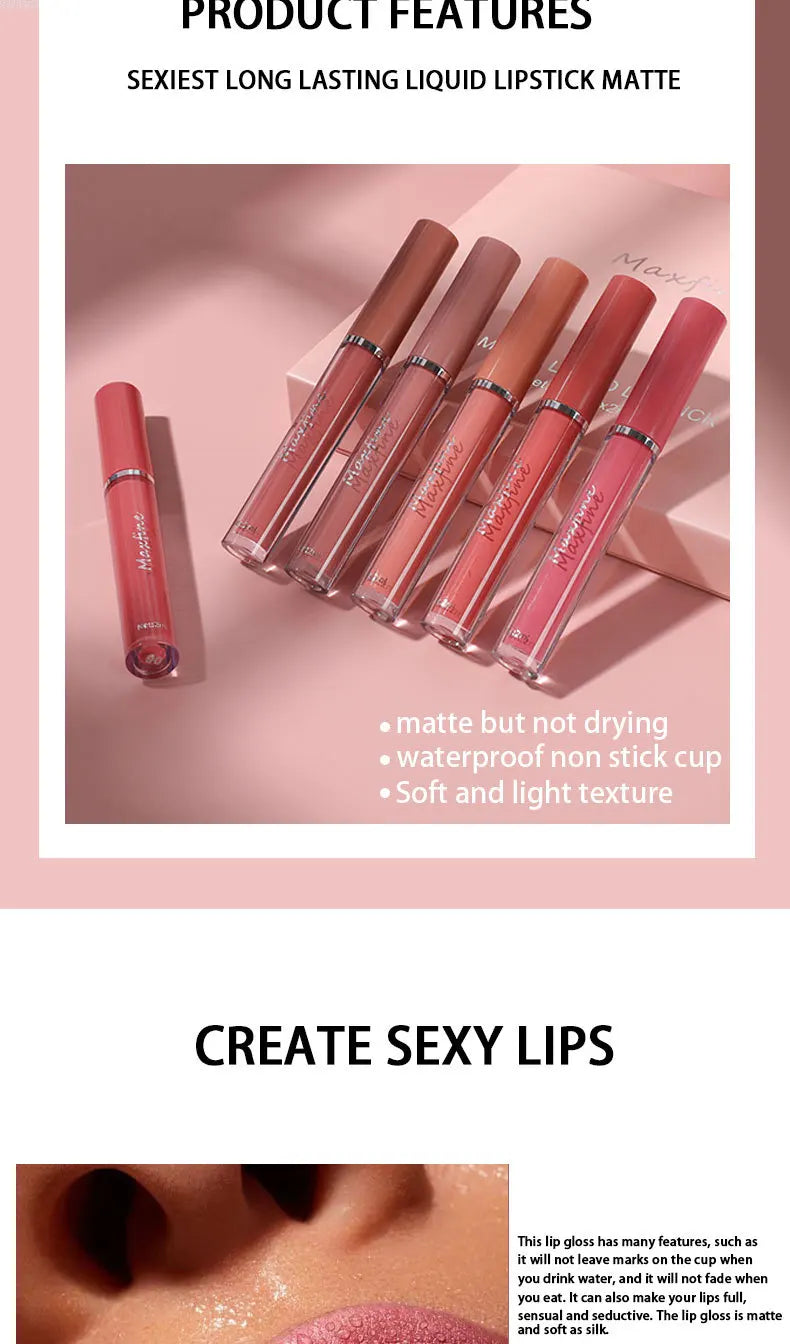 Set de brillo labial mate MAXFINE: 6 labiales resistentes al agua y de larga duración en caja de regalo