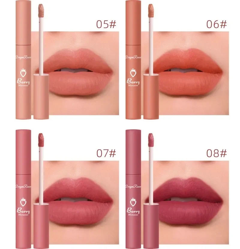 Brillo de labios mate nude LuxuryGlow: 12 colores aterciopelados, resistente al agua y de larga duración.