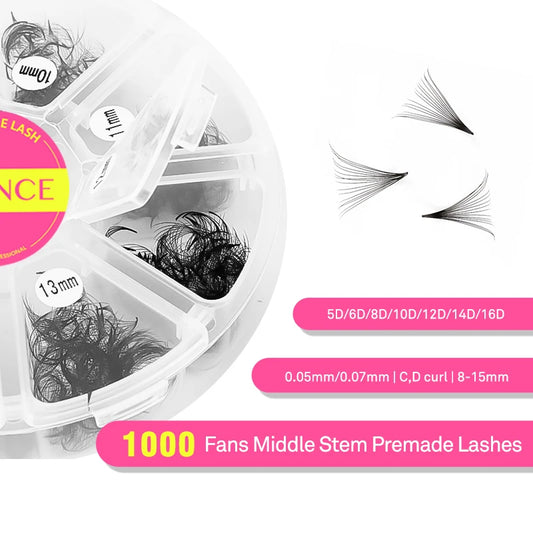 TDANCE 1000 Premade Loose Volume Lash Fans | Mixed Length 8–15mm | Pointy Base Medium Stem