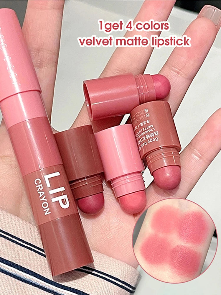 Lápiz labial LuxuryGlow Matte Velvet Mist de 4 colores: resistente al agua, duradero e hidratante.
