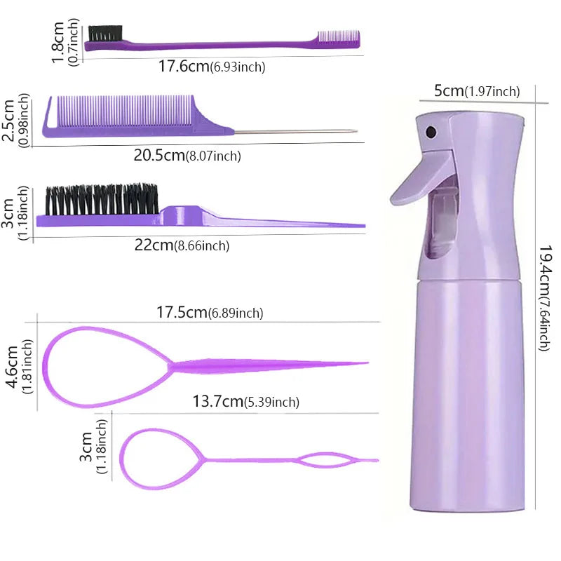 LuxuryGlow 6PCS Hair Styling Tool Set – Tail Combs, Hair Brushes & Spray Bottle for Hairdressers