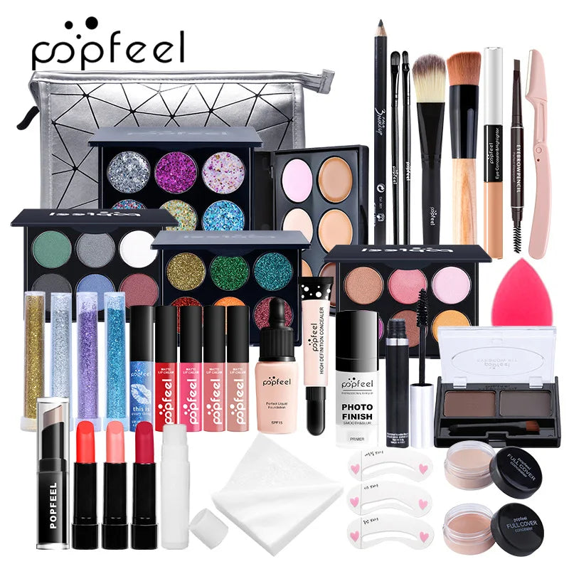 مجموعة هدايا مكياج POPFEEL من LuxuryGlow - مجموعة كاملة للوجه مع ظلال العيون، ملمع الشفاه، كريم الأساس، والفرش