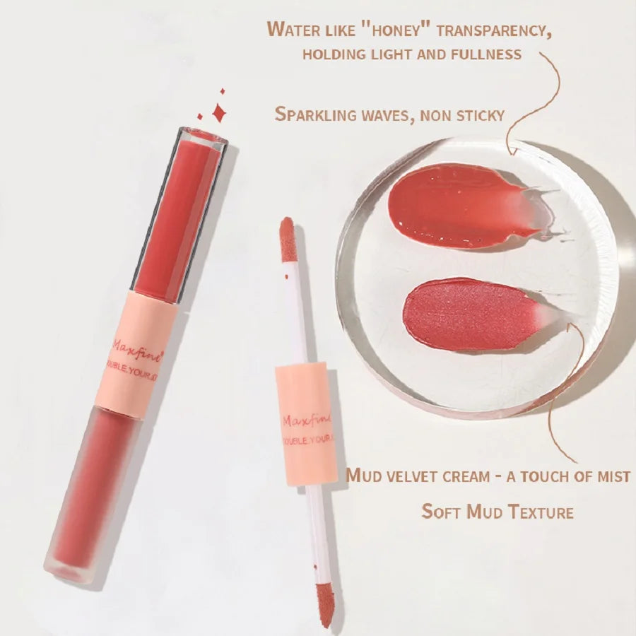 MAXFINE Brillo de labios de doble punta, resistente al agua, hidratante, duradero, mate, terciopelo, espejo, brillo de labios, cosméticos