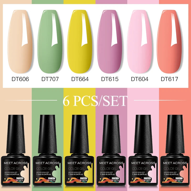 MEET ACROSS 6PC UV LED Gel Nail Polish Set – Soak Off Semi-Permanent Manicure Kit (7ml Each) C103