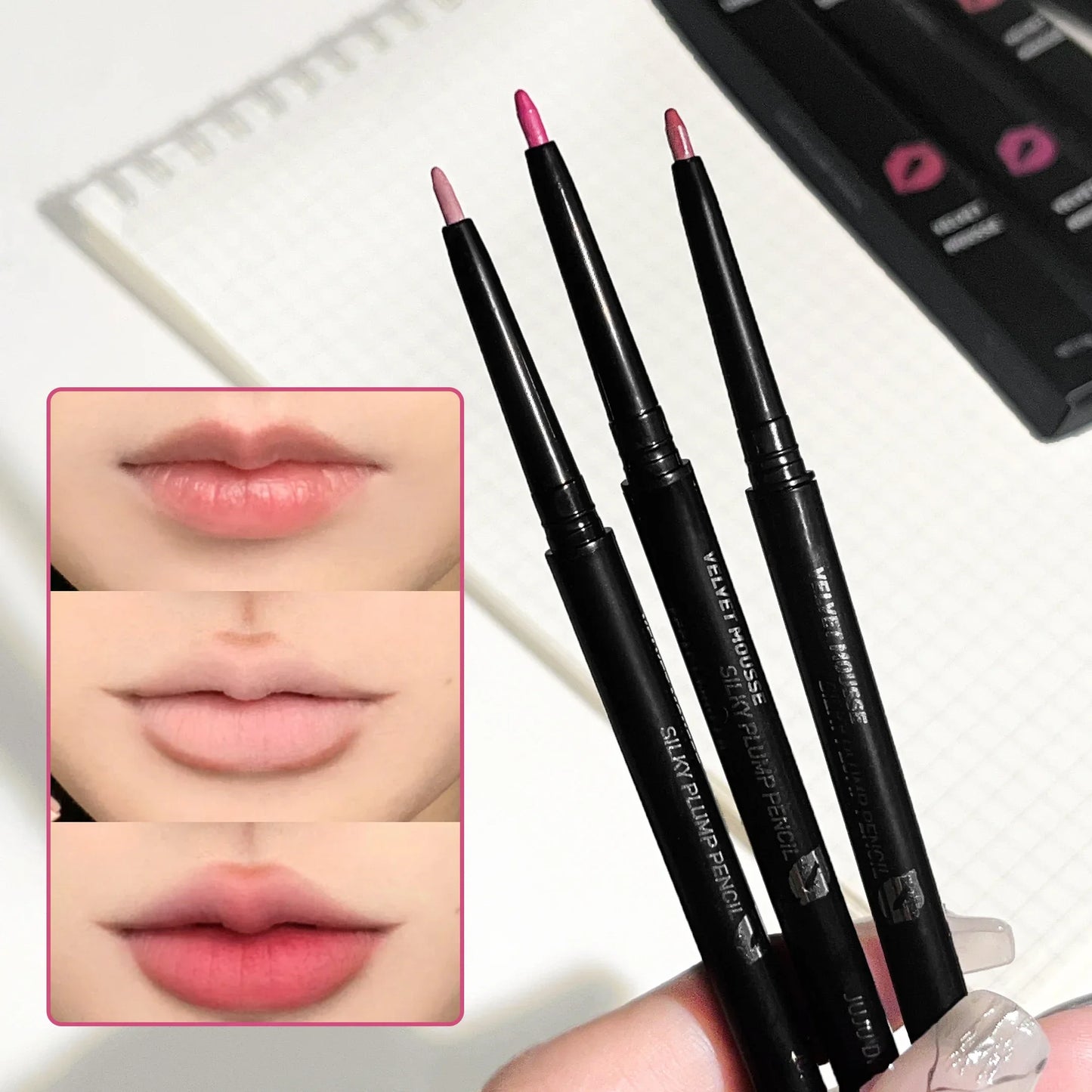 Lápiz delineador de labios mate a prueba de agua LuxuryGlow: 5 tonos duraderos y resistentes a las manchas para un contorno y una definición de labios perfectos.