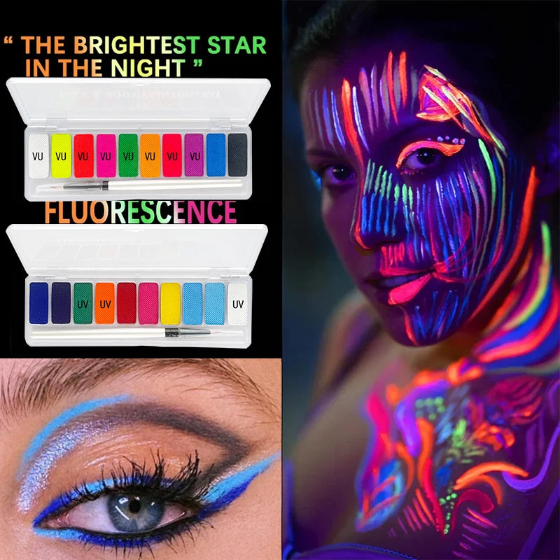 VERONNI UV Glow Neon Face & Body Paint – 10 Fluorescent Colors for Party Makeup