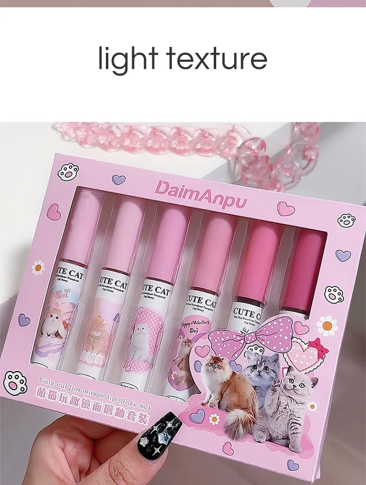 DAIMANPU Cute Cat Mirror Lip Glaze Set – 6 Hydrating Glossy Long-Lasting Colors