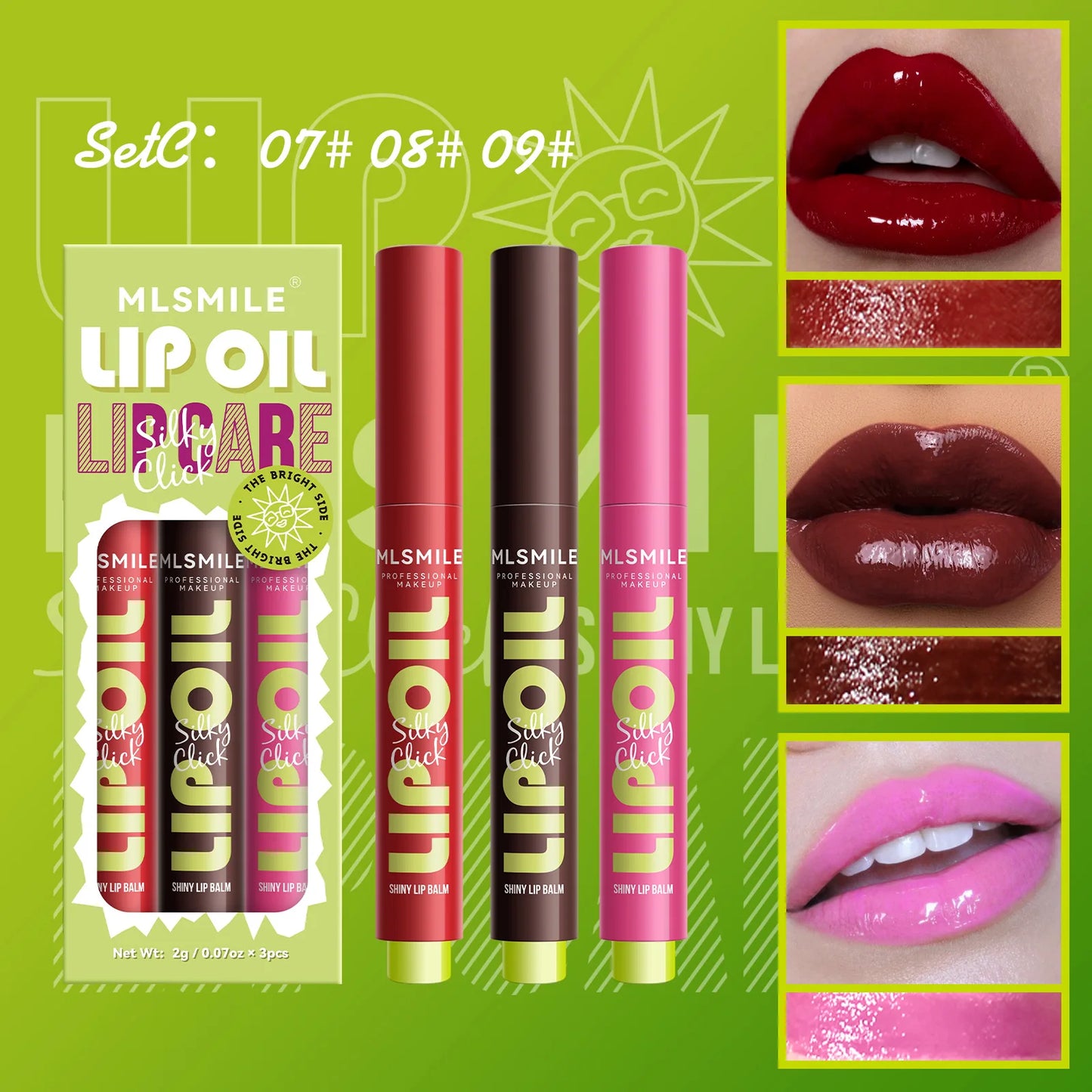 Set de labiales MLSMILE 3 en 1: brillo intenso, hidratante y duradero.