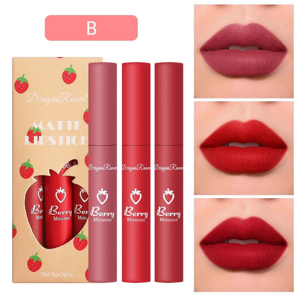 Dragon Ranee - Set de 3 brillos labiales mate de fresa aterciopelados: resistentes al agua y de larga duración