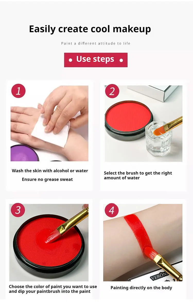 LuxuryGlow 30g Monochromatic Face & Body Paint Kit – Black, White, Red Water-Based Makeup with Brushes for Halloween & Party Looks