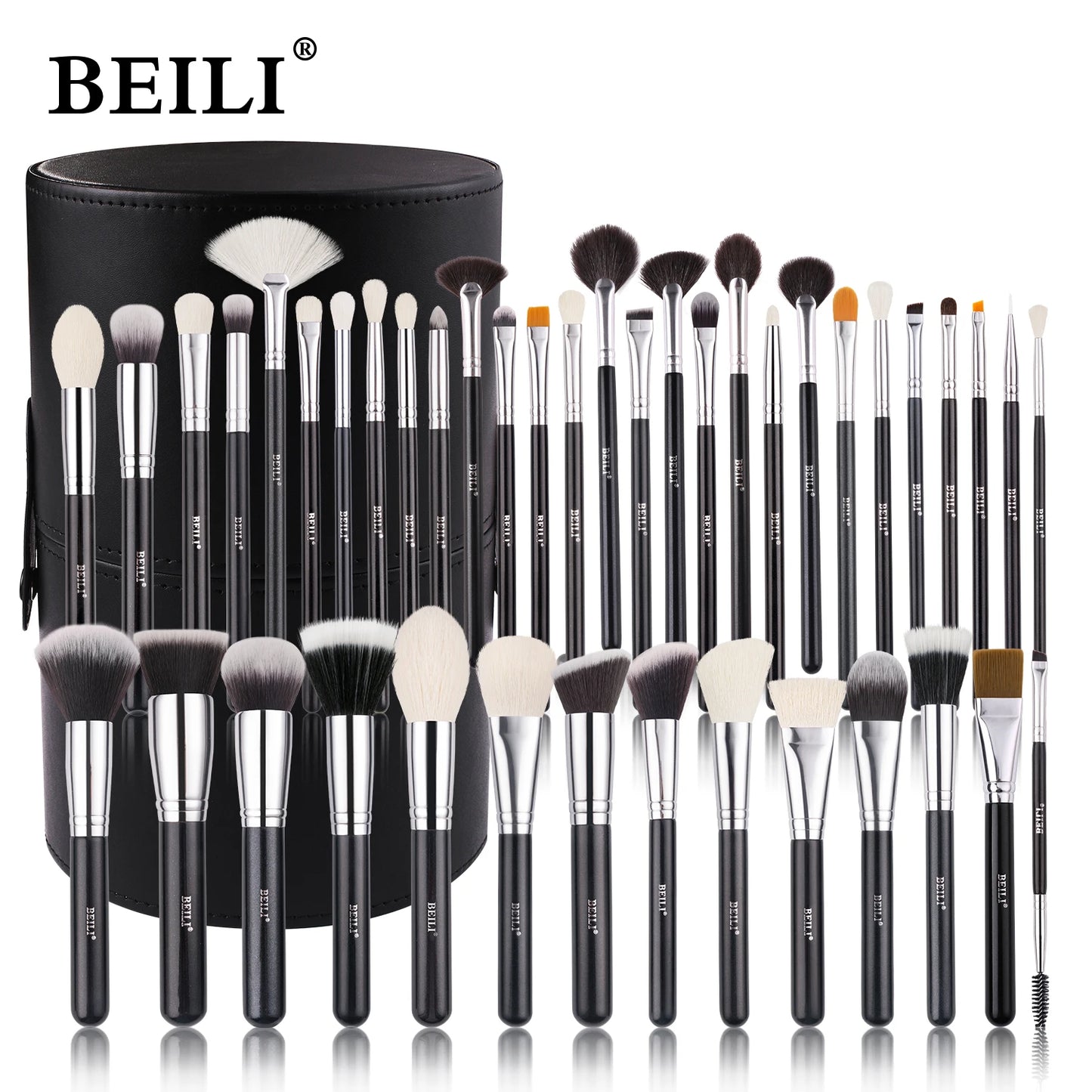 BEILI 30pcs Black Makeup Brush Set – Goat Hair & Synthetic Professional Kit C150
