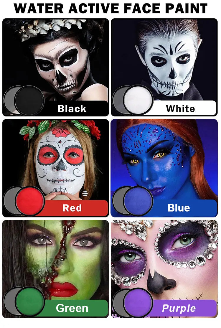 LuxuryGlow 30g Monochromatic Face & Body Paint Kit – Black, White, Red Water-Based Makeup with Brushes for Halloween & Party Looks