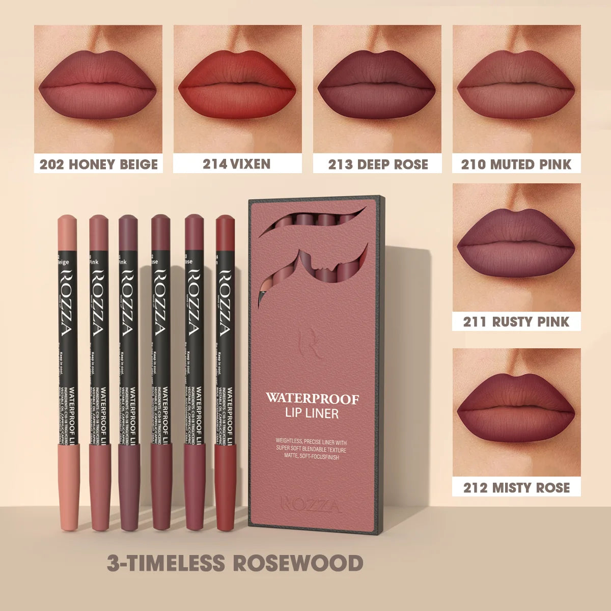مجموعة أقلام تحديد الشفاه المقاومة للماء من LuxuryGlow Rozza - لمسة نهائية غير لامعة دقيقة وخفيفة الوزن وقابلة للمزج