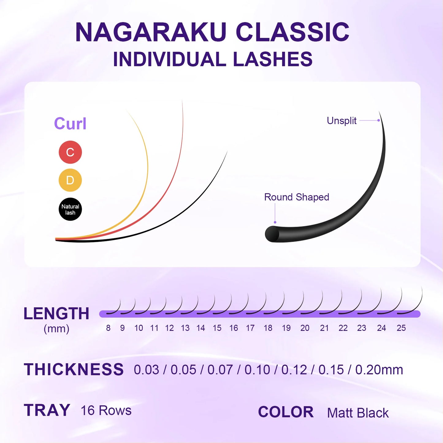 رموش NAGARAKU الكلاسيكية الفردية - أسود غير لامع، 16 صفًا، مظهر ناعم وطبيعي C60