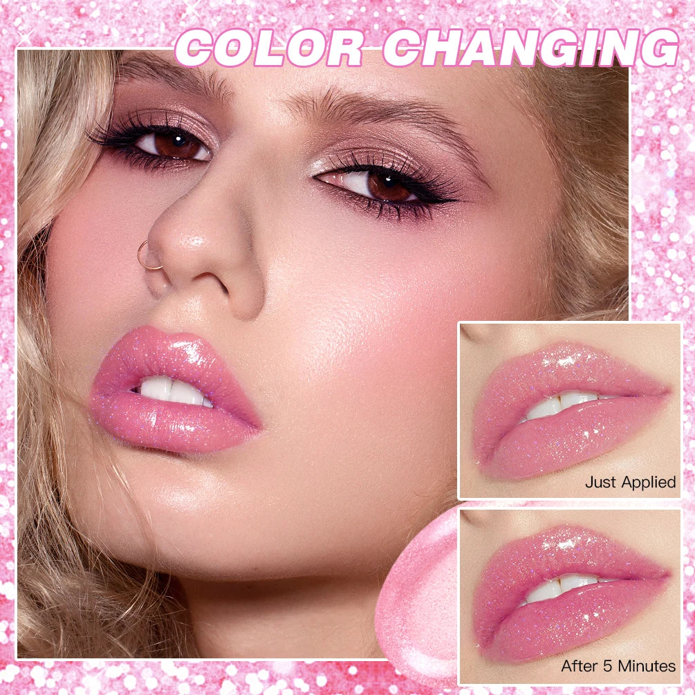 Lápiz labial con brillo que cambia de color QIBEST: bálsamo labial hidratante de gelatina cristalina con brillo y efecto voluminizador.
