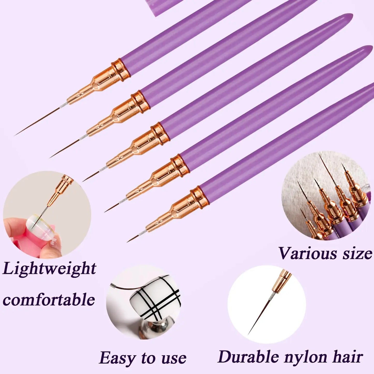 Juego de 5 pinceles delineadores para uñas LuxuryGlow YIKOOLIN: pinceles de gel UV para uñas francesas y diseño de uñas artísticas.
