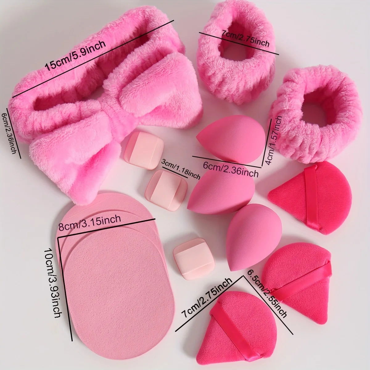 LuxuryGlow 15-Piece Makeup Sponge & Cosmetic Puff Set – Beauty Blender, Headband & Wristband