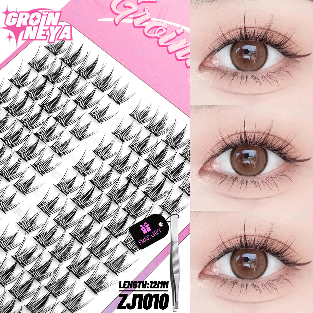 GROINNEYA Cluster Lashes – Natural Volume DIY Eyelash Extensions Mixed Tray