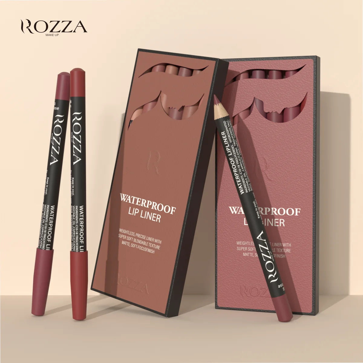 مجموعة أقلام تحديد الشفاه المقاومة للماء من LuxuryGlow Rozza - لمسة نهائية غير لامعة دقيقة وخفيفة الوزن وقابلة للمزج