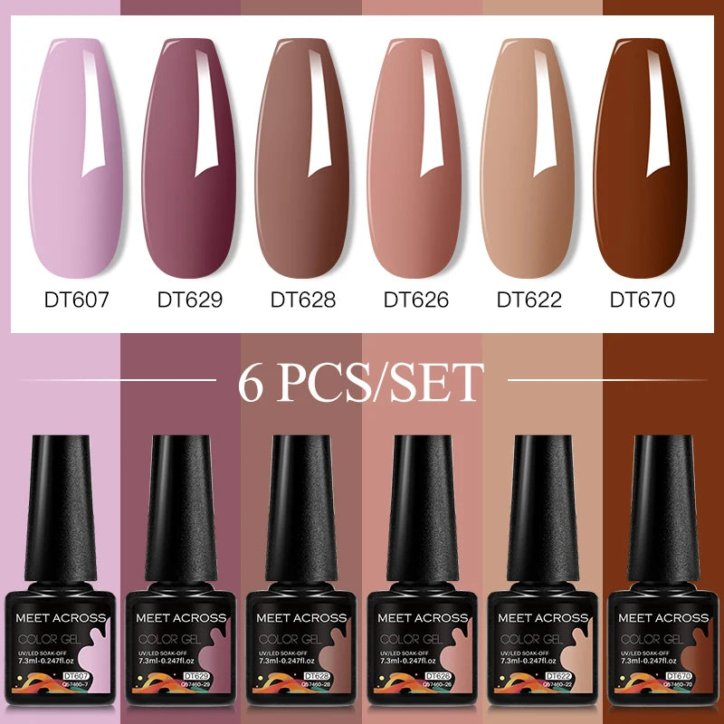 MEET ACROSS 6PC UV LED Gel Nail Polish Set – Soak Off Semi-Permanent Manicure Kit (7ml Each) C50