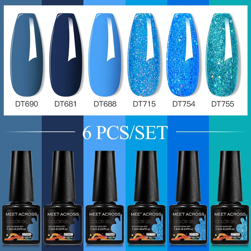 MEET ACROSS 6PC UV LED Gel Nail Polish Set – Soak Off Semi-Permanent Manicure Kit (7ml Each) C103
