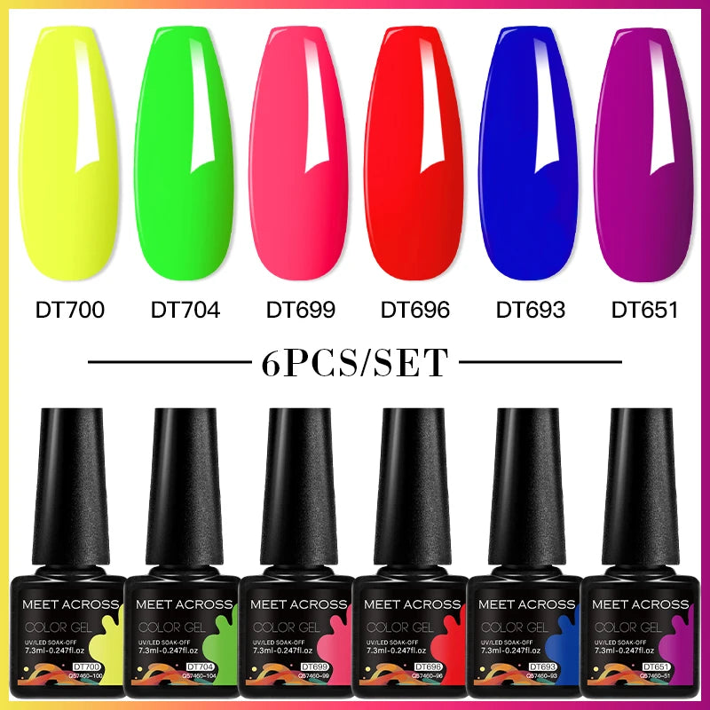 MEET ACROSS 6PC UV LED Gel Nail Polish Set – Soak Off Semi-Permanent Manicure Kit (7ml Each) C50