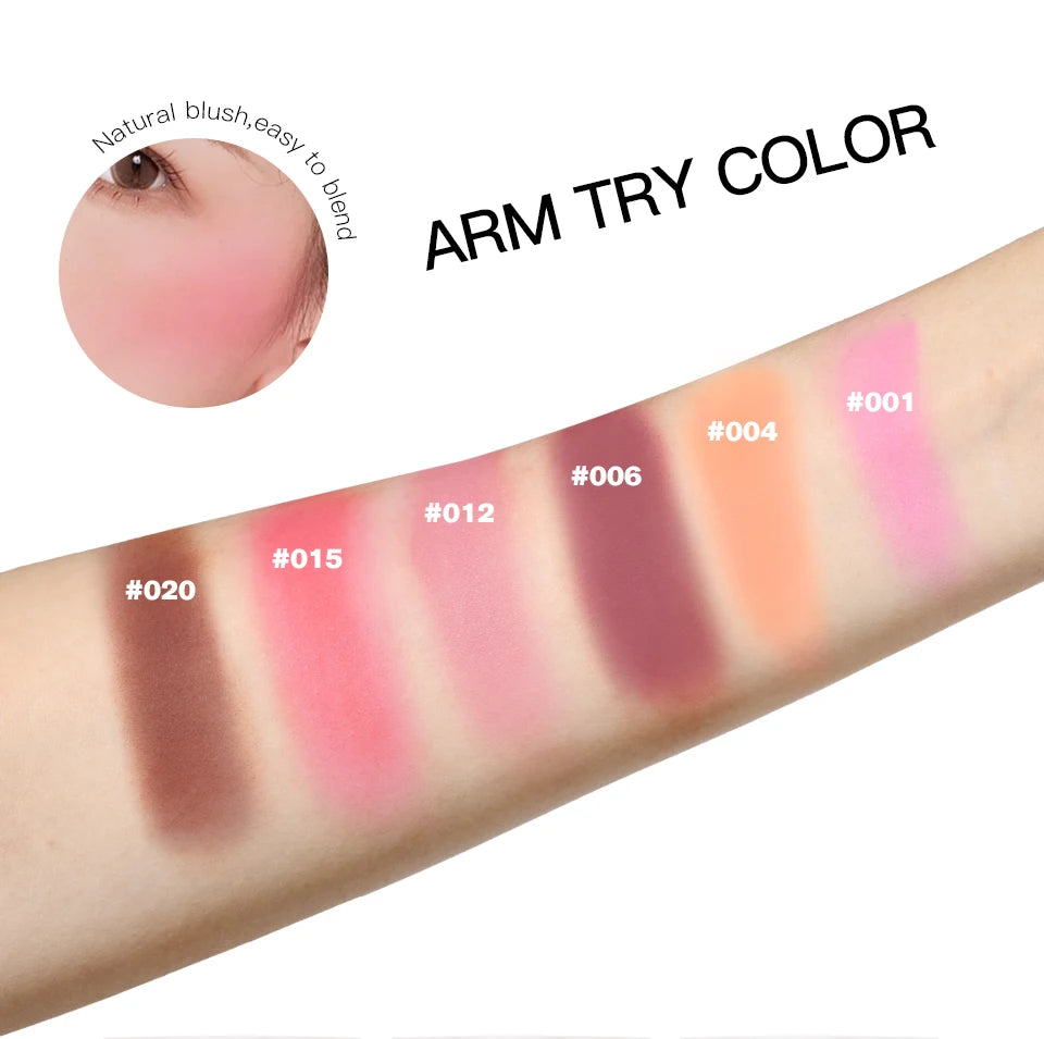 Paleta de rubor mate en relieve LuxuryGlow de 6 colores: alta pigmentación, brillo rosado natural