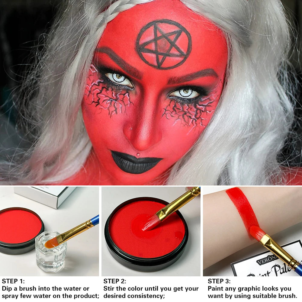 LuxuryGlow 30g Monochromatic Face & Body Paint Kit – Black, White, Red Water-Based Makeup with Brushes for Halloween & Party Looks